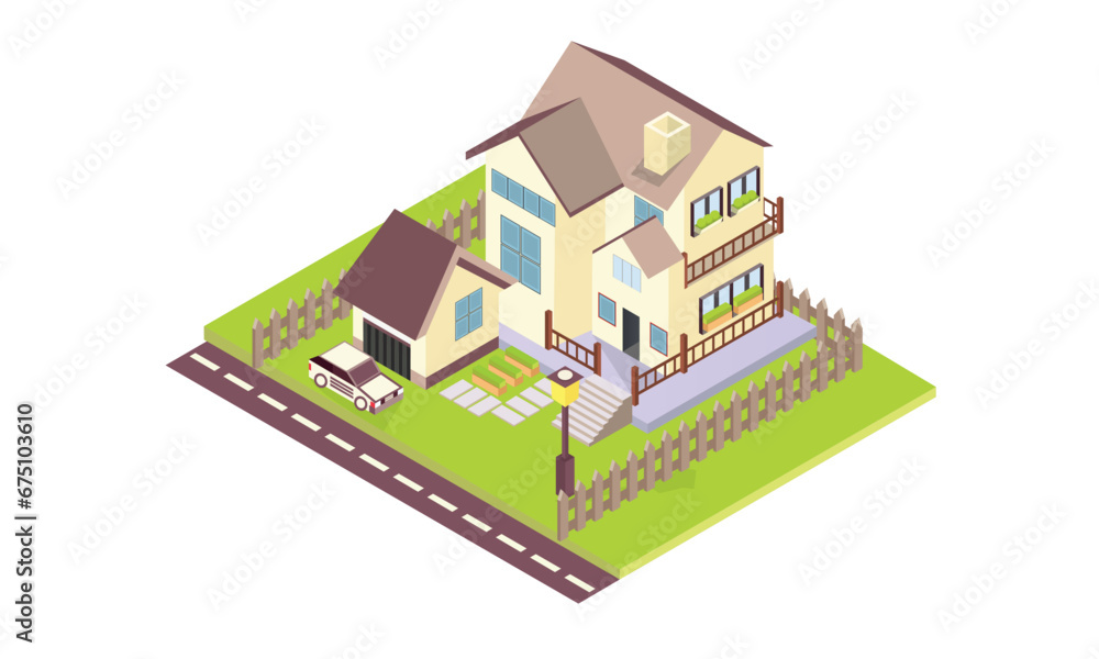 Isometric family house building .on white background.isometric design. 3D design elements for construction of urban and village landscapes.