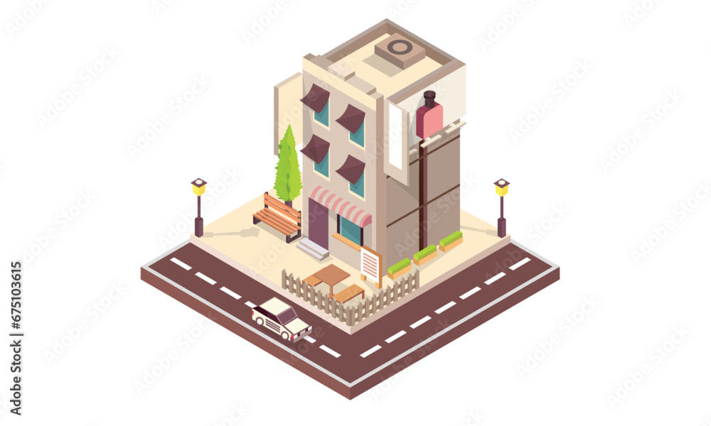 Isometric building bar .on white background.isometric design. 3D design elements for construction of urban and village landscapes.
