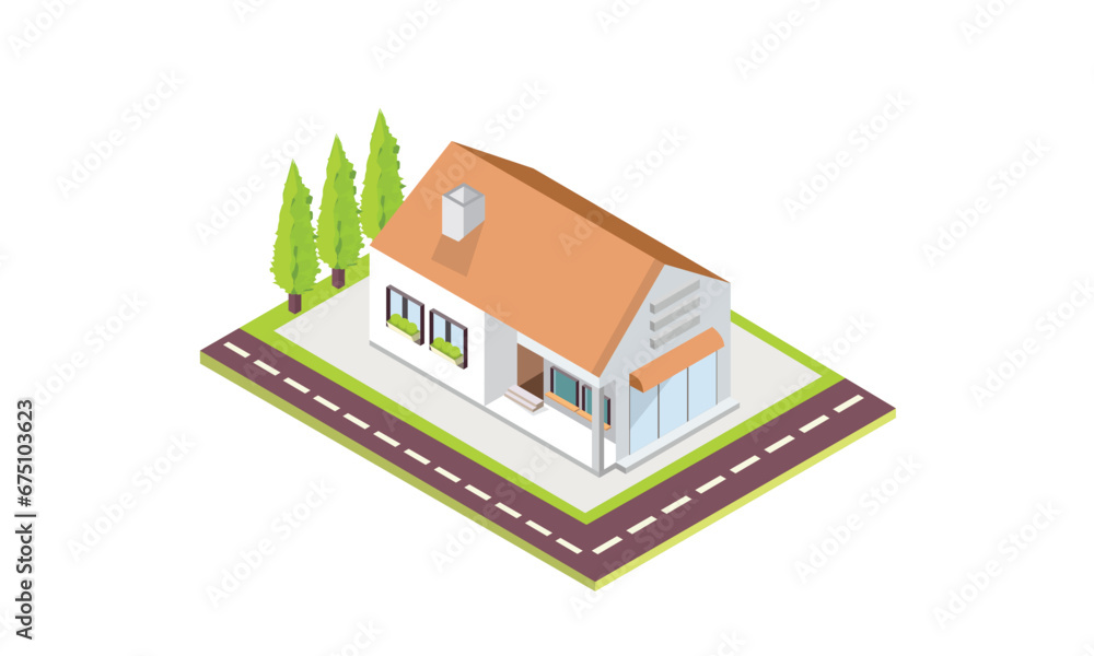 Isometric House with slant roof.on white background.isometric design. 3D design elements for construction of urban and village landscapes. Isometric House with slant roof.on white background.isometric design. 3D design elements for construction of urban and village landscapes.