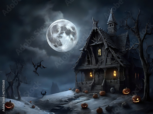 haunted house in the woods,night,house,halloween,moon,sky,illustration,vector,black,spooky,Ai generated  photo
