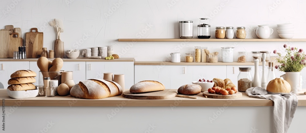 In the isolated white kitchen the background of warm wood creates a cozy atmosphere for preparing a healthy breakfast complete with freshly baked bread made from organic natural wheat a nut