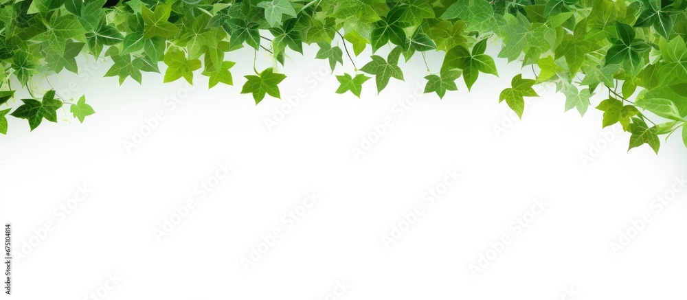 An abstract summer pattern of green leaves and trees creates a vibrant texture forming a beautiful frame against a white background perfect as a wallpaper for your garden or nature inspired