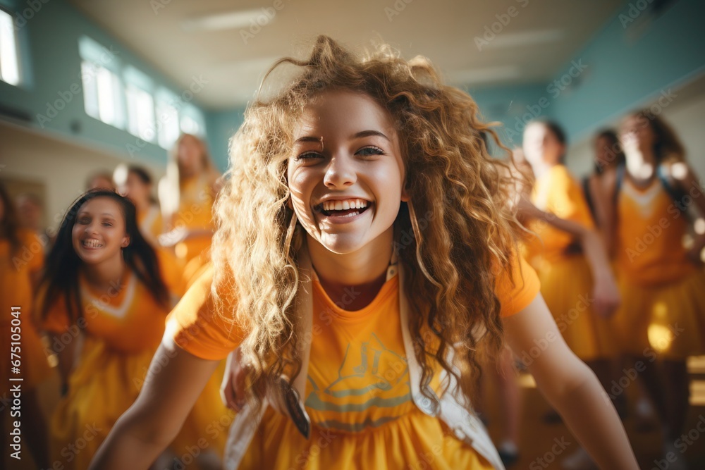 A joyful and laughing girl in yellow attire, with wavy hair, surrounded by her classmates in the school gym A joyful and laughing girl in yellow attire, with wavy hair, surrounded by her classmates in the school gym