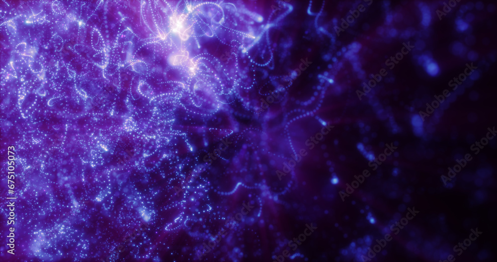 Obraz premium Blurred purple abstract background of bokeh and small round particles of energy magical holiday flying dots on a black background