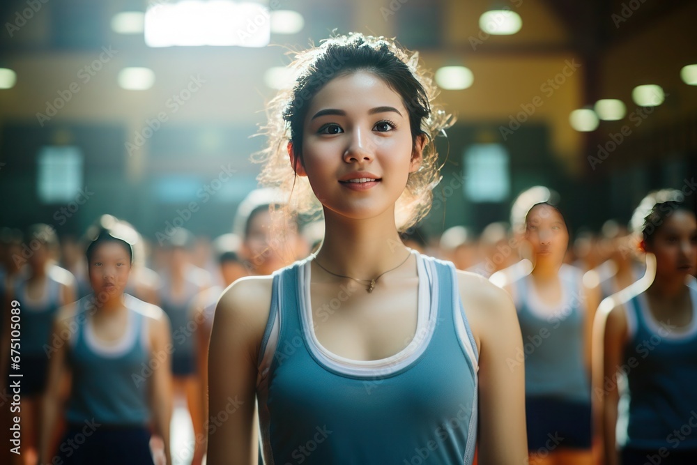 A girl, wearing a blue and white sports jersey, stands among her schoolmates in the school gym as a group A girl, wearing a blue and white sports jersey, stands among her schoolmates in the school gym as a group