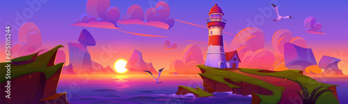 Lighthouse on rocky coast of ocean or sea during sunset or sunrise. Summer evening cartoon landscape of seashore with light beacon tower on cliff with grass, pink and purple gradient sky with clouds.