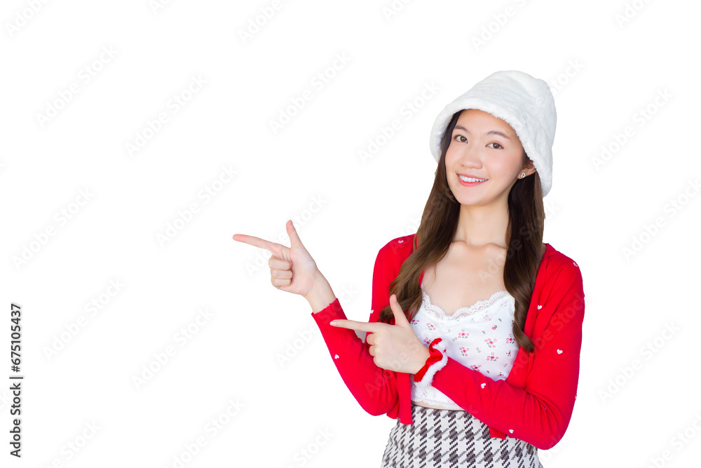 Beautiful Asian woman who wears red coat and white hat as santy girl acts her hand to present something while isolated on white background. Beautiful Asian woman who wears red coat and white hat as santy girl acts her hand to present something while isolated on white background.