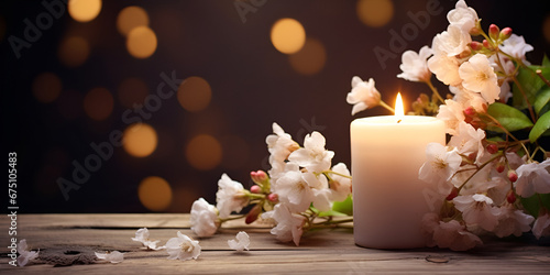 Bouquet of white magnolia flowers with burning candle on black background, Minimalist Beauty: Magnolia Bouquet and Burning Candle