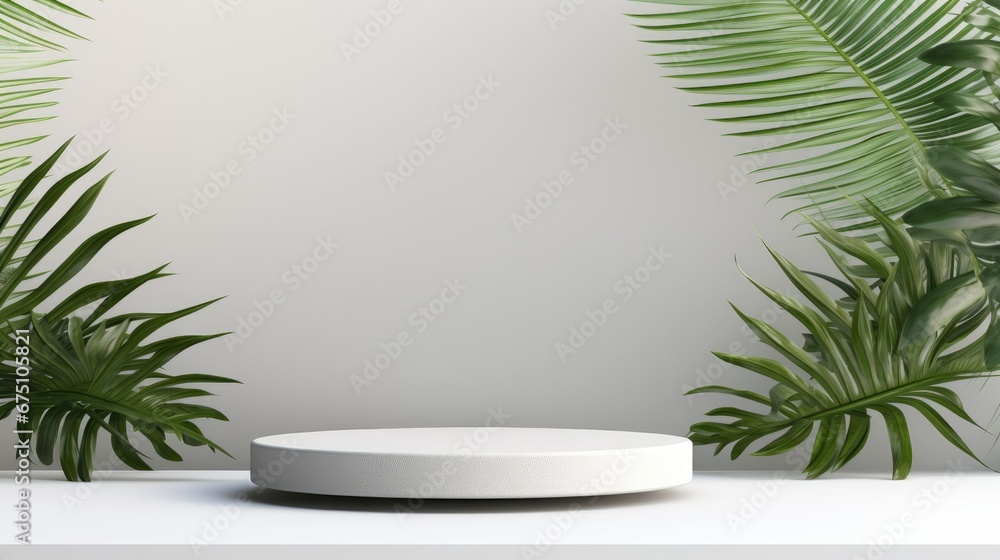 Abstract empty white podium and palm leaves on gray Abstract empty white podium and palm leaves on gray