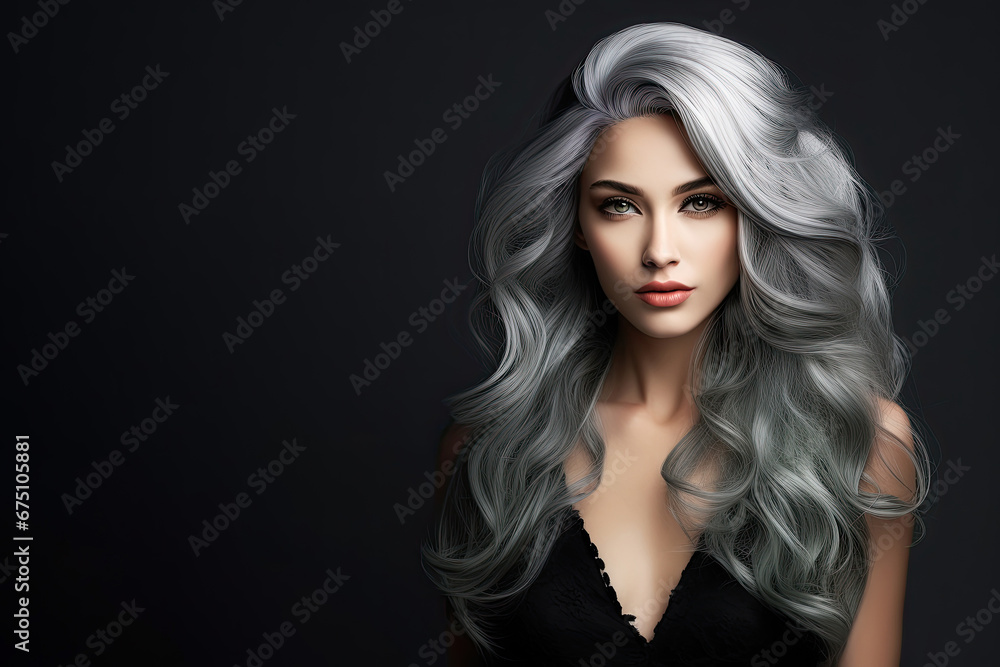 Fototapeta premium Portrait of a beautiful Scandinavian woman with long grey hair. Beauty concept