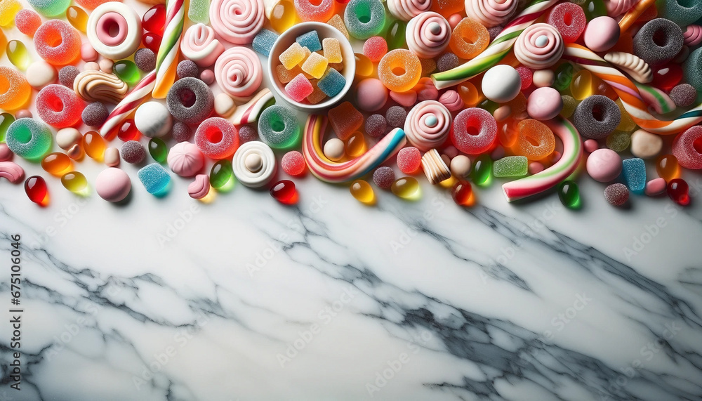 An image. of colorful gummy candies and licorice twists spread out on a marble counter - Generative AI