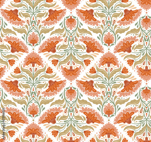Vector decorative seamless pattern with floral rhombus composition in row. Folk art texture with symmetrical orange flowers, stems with foliage