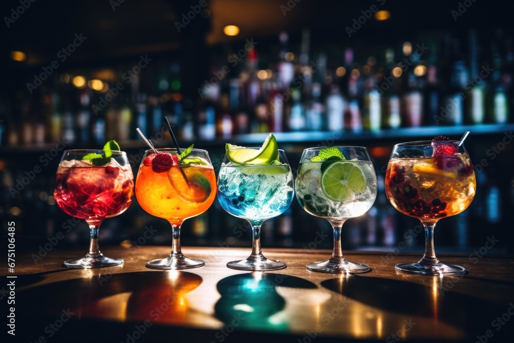 Colorful delicious alcoholic cocktails in glasses at the bar, fruit and berry drinks at the bar, party, cocktail list, promotion.