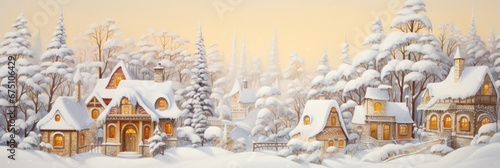 a winter village with trees covered in snow and a snow angel, generative AI