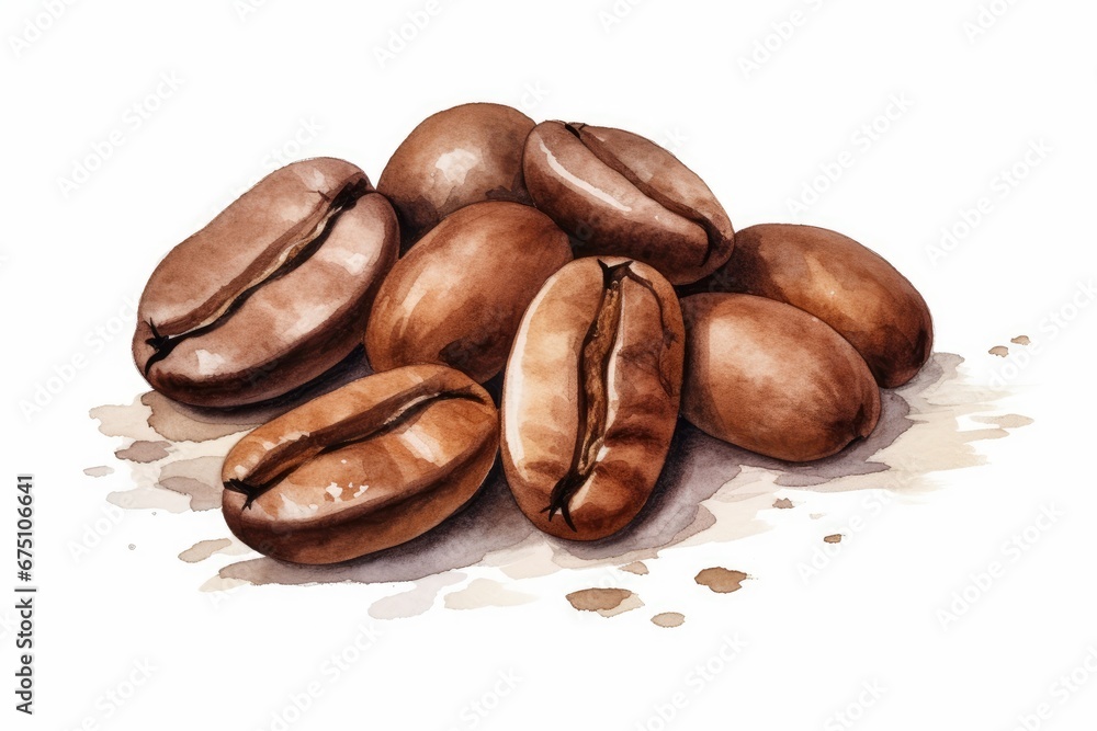 Watercolor illustration of coffee roasted beans. Brewing freshly ground americano, coffe shops, aroma, good morning, cafe day. Watercolor illustration of coffee roasted beans. Brewing freshly ground americano, coffe shops, aroma, good morning, cafe day.