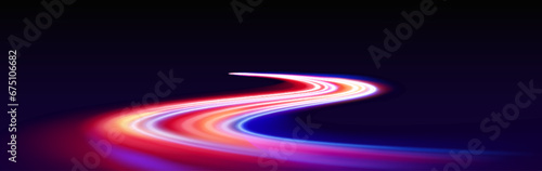 Fast speed light line on black background. Vector realistic illustration of night traffic motion, abstract neon color trail, modern communication technology development, futuristic dynamic movement