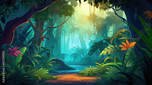 Fototapeta Naklejka Na Ścianę i Meble -  Jungle trail landscape illustration in cartoon style. Scenery background