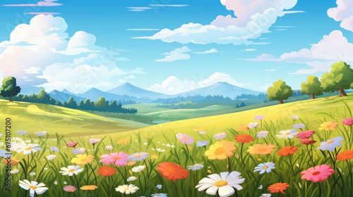 Flower field, meadow landscape illustration in cartoon style. Scenery background