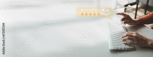 Rating the store after using the service, giving opinions and recommendations to the store after using the service, rating satisfaction in using the service. Online store review ideas. photo