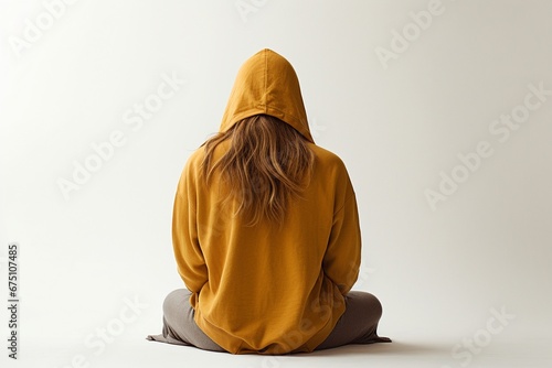 Mujer deprimida sentada en el suelo. Puede que esté llorando porque se ha puesto la capucha de la sudadera al revés para taparse la cara photo
