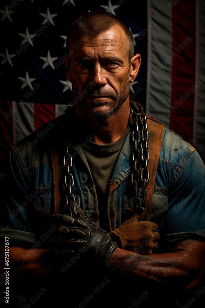 A proud man dons his work uniform, standing before the American flag, embodying patriotic spirit. A proud man dons his work uniform, standing before the American flag, embodying patriotic spirit.