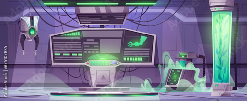 Cartoon scientific laboratory on spaceship interior with equipment and machinery for research experiments - computers and monitors with graphs, robotic arms and plants in capsule with green liquid.