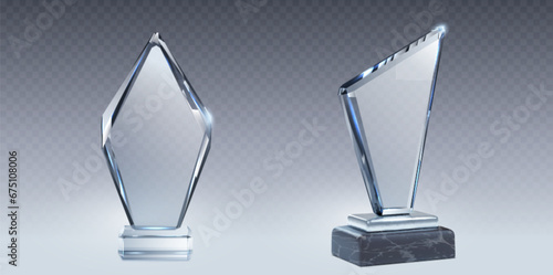 Set of 3D glass trophies isolated on transparent background. Vector realistic illustration of abstract rhombus shape winner awards on plastic, stone platforms, champion prize for best contest result