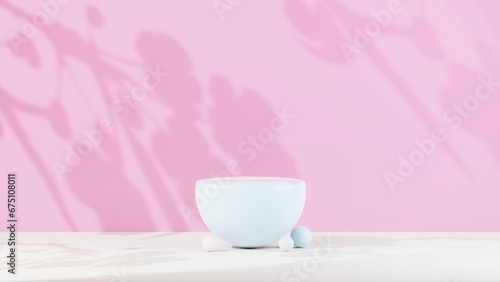 Display product stand, Half ball sphere podium on light pink background with nature light shadow leaf. 3D rendering illustration