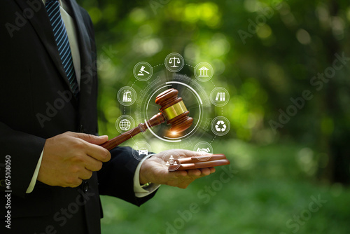 International Law and Environment Law. Honorable Judge striking Gavel with environmental icons. law for Determining environmental quality.environmental protection and eco-friendly legislation law.