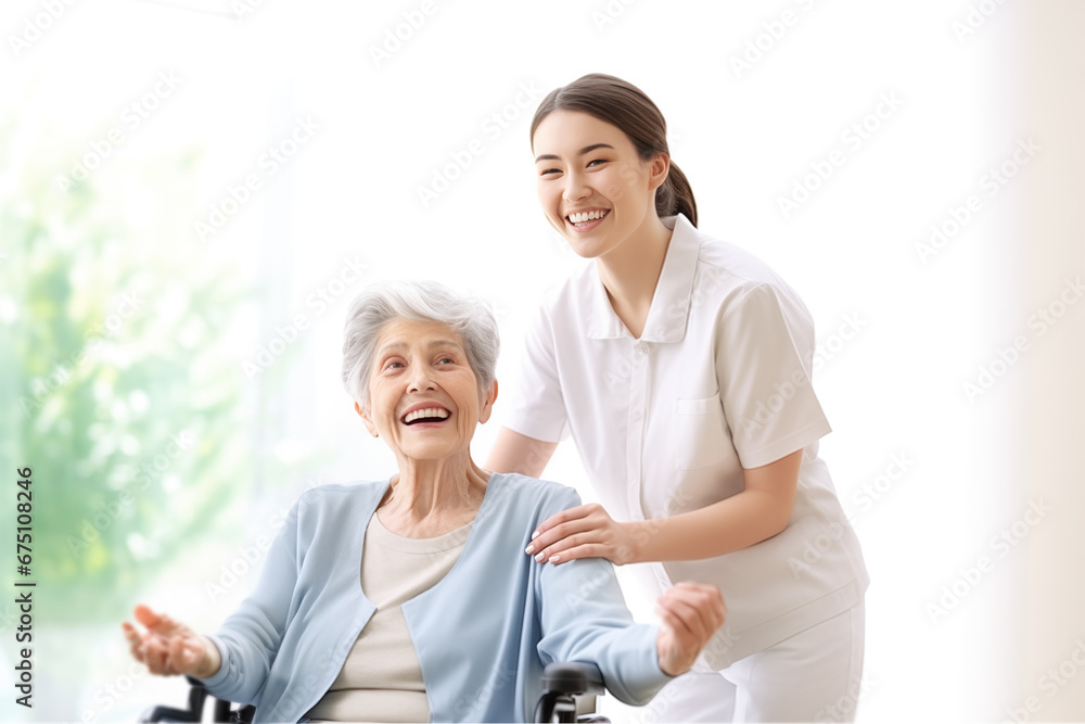 happiness elderly woman with young beautiful nurse in a wheel chair happiness elderly woman with young beautiful nurse in a wheel chair
