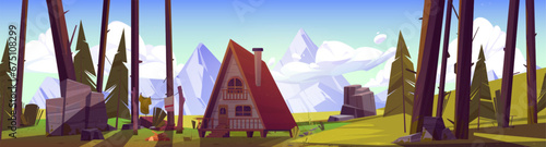 Cartoon summer landscape with wooden hut on tilts in forest near mountains. Vector natural panoramic scenery with cozy house or hotel for camping and vacation, green trees and bushes, rocky hills.