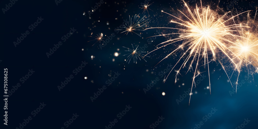 Obraz premium Happy New Year Celebration Sparkles Banner, space for text,Fireworks colorful explosions , festive background , New Years Eve or Independence Day 