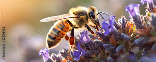 The bee (Apis mellifera) collects nectar from lavender. Banner photo. generative ai © Michal