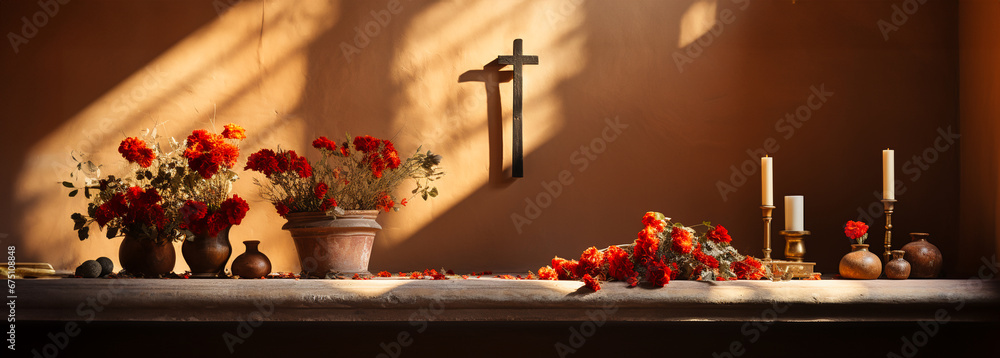 An altar with a cross brightly illuminated by the sun and the Holy Bible. Ai generatve.