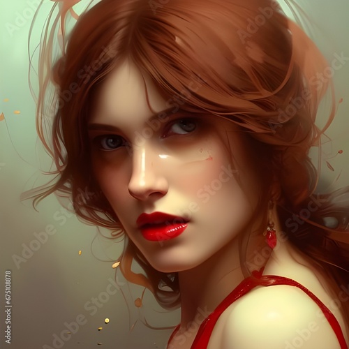 AI generated illustration of an attractive girl with ginger hair wearing a red lipstick