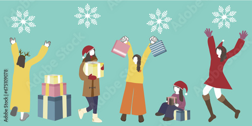 クリスマスで買い物をする人たちのイラスト