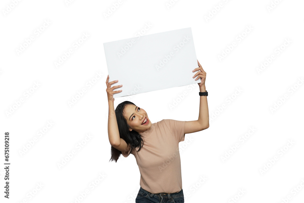 Beautiful Girl Holding a Sign  Isolated Background