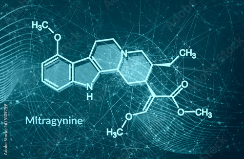 Mitragynine molecule. It is the herbal alkaloid with opiate-like properties produced by plant Mitragyna speciosa Korth, kratom. Structural chemical formula photo