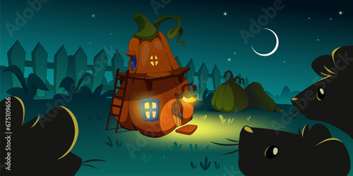 Fairy magic tiny house for gnomes or elves made of pumpkin with doors and light in windows at night. Cartoon vector mice watching fantasy cute tale or game home for little inhabitants on backyard.
