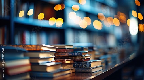 Stacks of books in the library on a blurred background of bookshelves. Knowledge and education concept photo