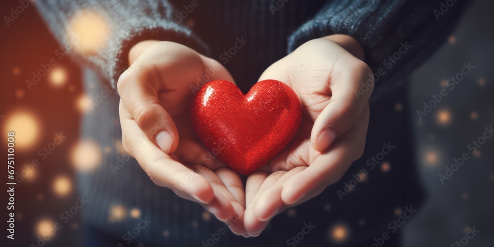Hands holding gift box and heart cookies on a christmas background, giving love and generosity to loved ones. Hands holding gift box and heart cookies on a christmas background, giving love and generosity to loved ones.