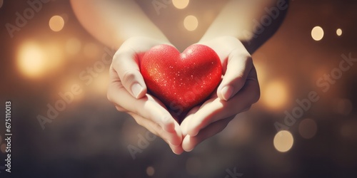 Hands holding gift box and heart cookies on a christmas background  giving love and generosity to loved ones.