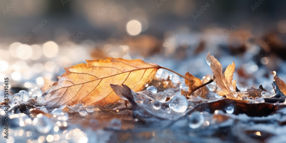 Beautiful light nature with bright leaves covered with frost ice melt in late winter or early summer water drops after ice melt. Beautiful light nature with bright leaves covered with frost ice melt in late winter or early summer water drops after ice melt.
