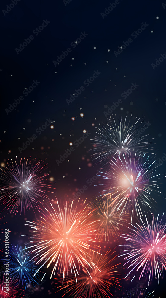 Naklejka premium Happy New Year Celebration Sparkles Banner, space for text,Fireworks colorful explosions , festive background , New Years Eve or Independence Day 