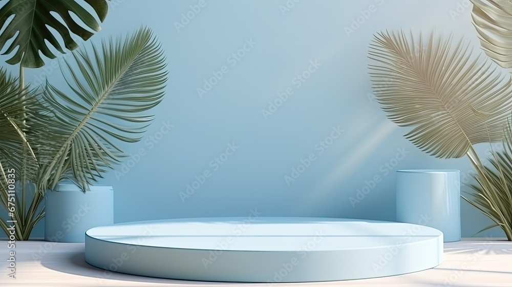 Pastel blue podium for product presentation with element Pastel blue podium for product presentation with element