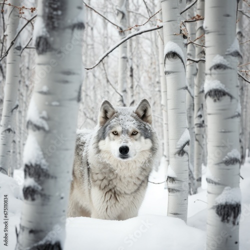 snowy forest of birch trees with a wolf photo