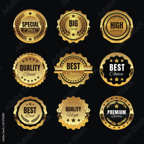 Realistic Premium Luxury Golden Circle Collection Best Choice Badge Icon Label Design. Big Sale Seal Stamps Banner. Golden Certificate Special Offer for Marketing Business Template.