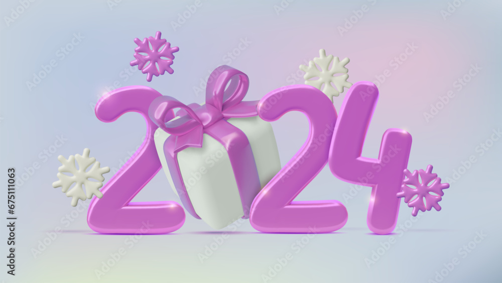 2024 New Year 3d realistic purple metallic numbers with a gift box and snowflakes on gradient background. Modern three dimensional holiday banner, vector Illustration.