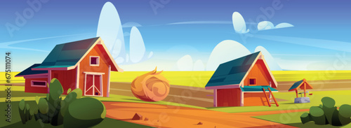 Cartoon farm landscape with red wooden barn, hay bale and water well in field under blue sky with clouds. Vector illustration of rural countryside ranch scenery with agriculture house on meadow.