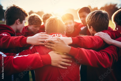 Teenage boy high school football team connecting hands in huddle